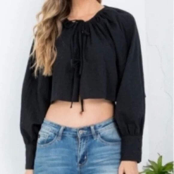 Black Tie Neckline Cuffed Long Sleeve Cropped Top - Picture 2 of 4